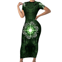 New Zealand Matariki Tupuarangi Family Matching Short Sleeve Bodycon Dress and Hawaiian Shirt Maori Moko Green Galaxy LT05 Mom's Dress Green - Polynesian Pride