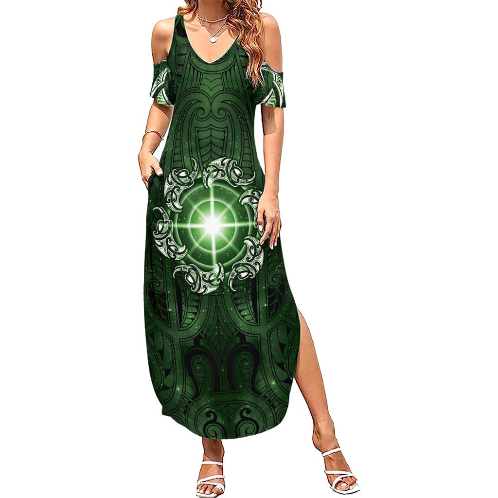New Zealand Matariki Tupuarangi Family Matching Summer Maxi Dress and Hawaiian Shirt Maori Moko Green Galaxy LT05 Mom's Dress Green - Polynesian Pride
