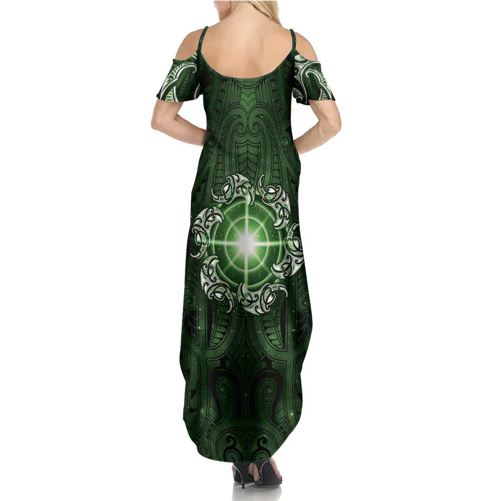 New Zealand Matariki Tupuarangi Family Matching Summer Maxi Dress and Hawaiian Shirt Maori Moko Green Galaxy LT05 - Polynesian Pride