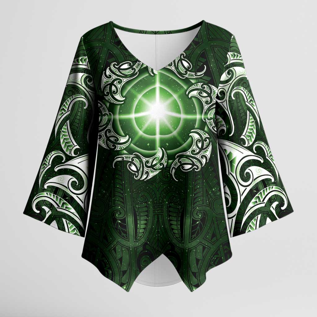 New Zealand Matariki Tupuarangi Kimono Sleeve Blouse Maori Moko Green Galaxy