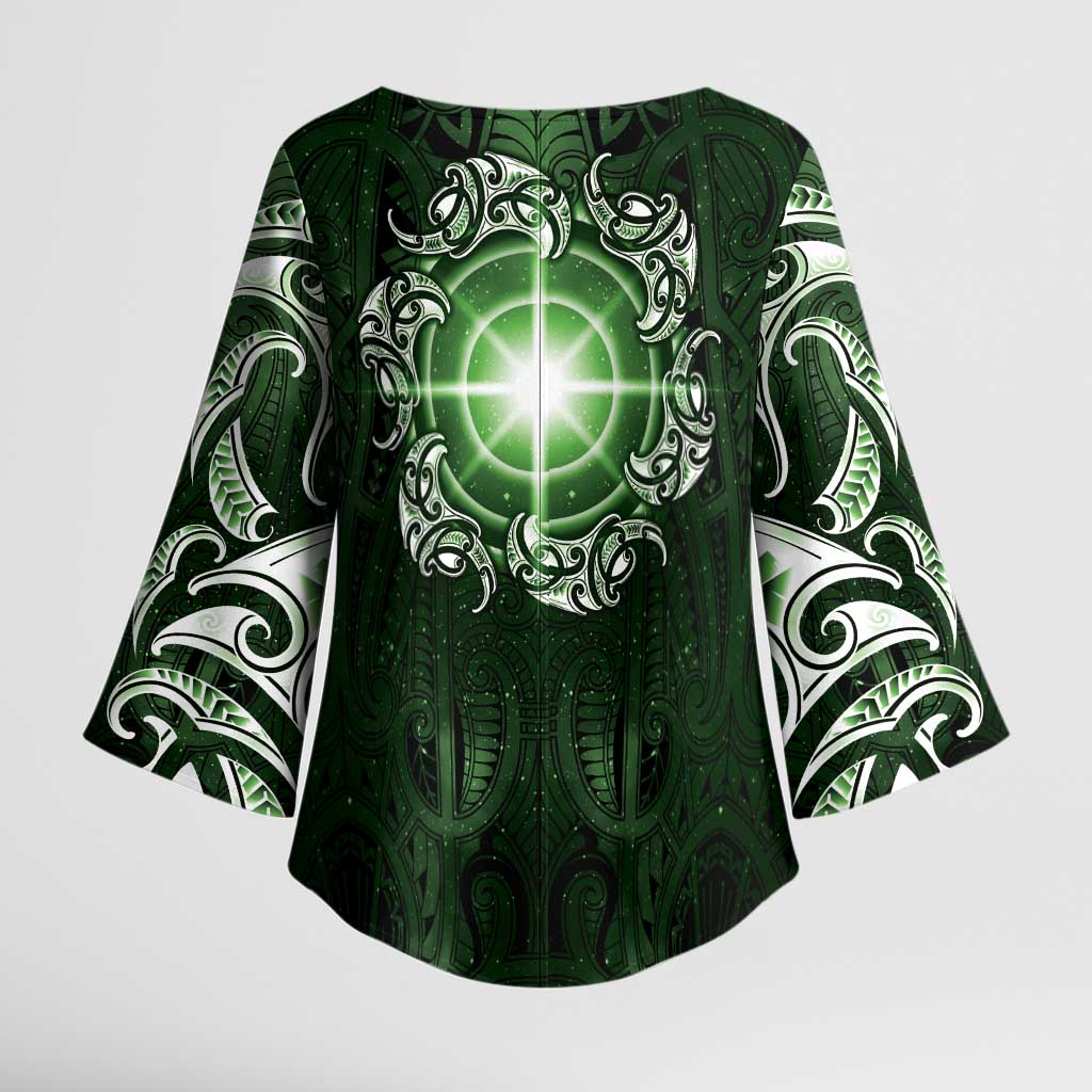 New Zealand Matariki Tupuarangi Kimono Sleeve Blouse Maori Moko Green Galaxy