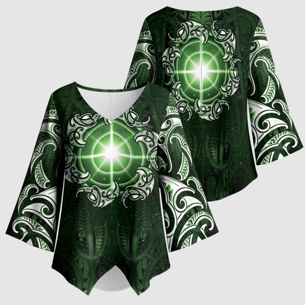 New Zealand Matariki Tupuarangi Kimono Sleeve Blouse Maori Moko Green Galaxy