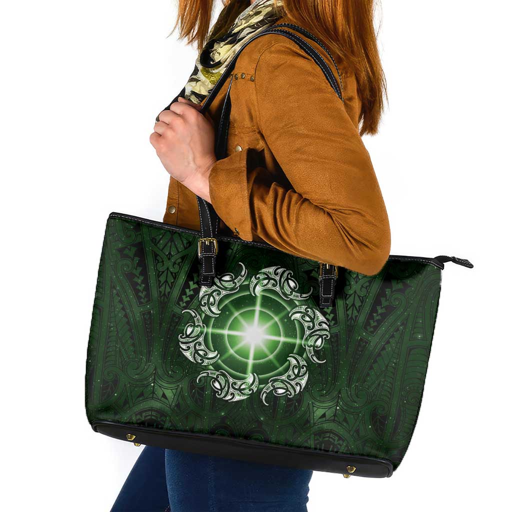 New Zealand Matariki Tupuarangi Leather Tote Bag Maori Moko Green Galaxy