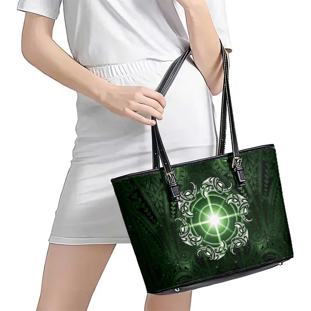 New Zealand Matariki Tupuarangi Leather Tote Bag Maori Moko Green Galaxy