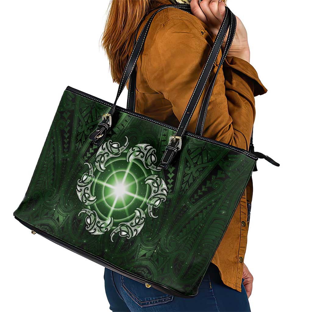 New Zealand Matariki Tupuarangi Leather Tote Bag Maori Moko Green Galaxy