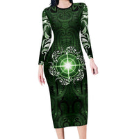 New Zealand Matariki Tupuarangi Long Sleeve Bodycon Dress Maori Moko Green Galaxy LT05 Long Dress Green - Polynesian Pride