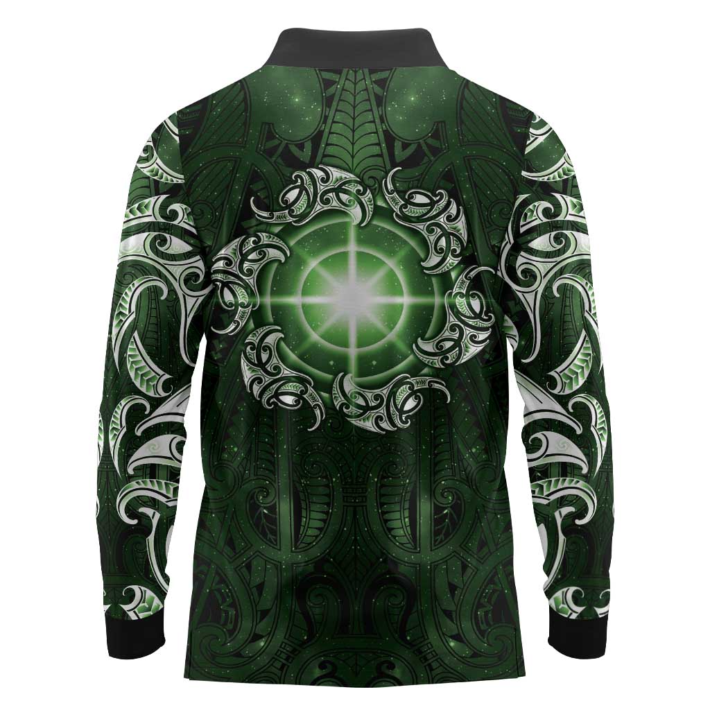 New Zealand Matariki Tupuarangi Long Sleeve Polo Shirt Maori Moko Green Galaxy