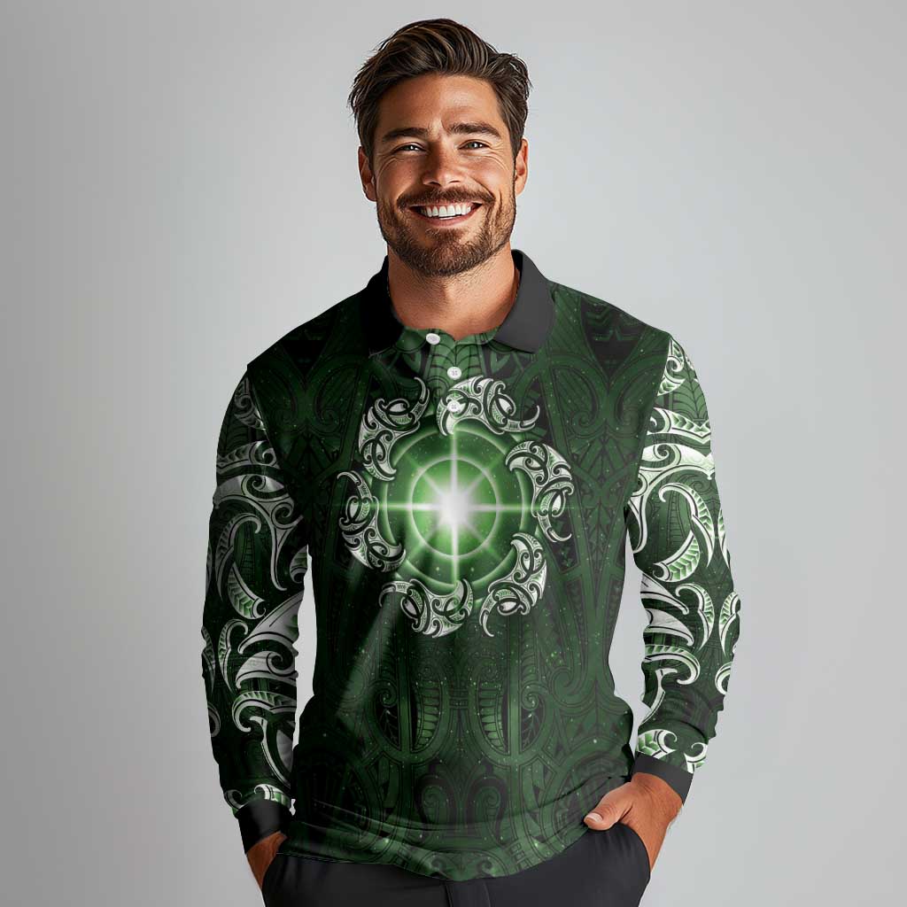 New Zealand Matariki Tupuarangi Long Sleeve Polo Shirt Maori Moko Green Galaxy