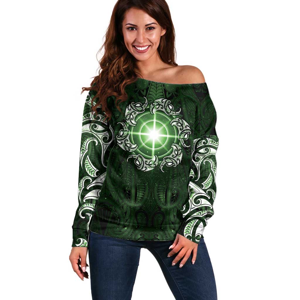 New Zealand Matariki Tupuarangi Off Shoulder Sweater Maori Moko Green Galaxy