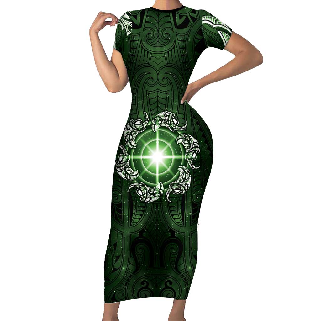 New Zealand Matariki Tupuarangi Short Sleeve Bodycon Dress Maori Moko Green Galaxy LT05 Long Dress Green - Polynesian Pride