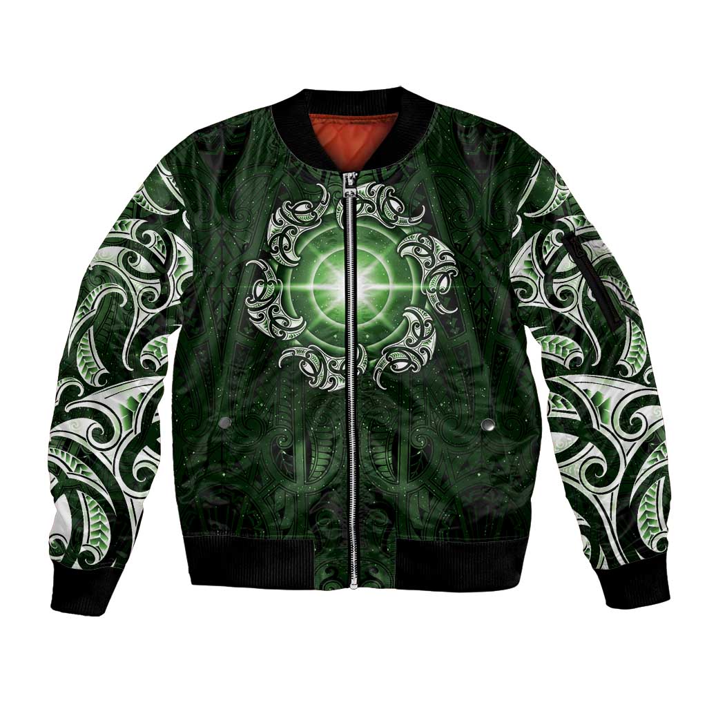 New Zealand Matariki Tupuarangi Sleeve Zip Bomber Jacket Maori Moko Green Galaxy