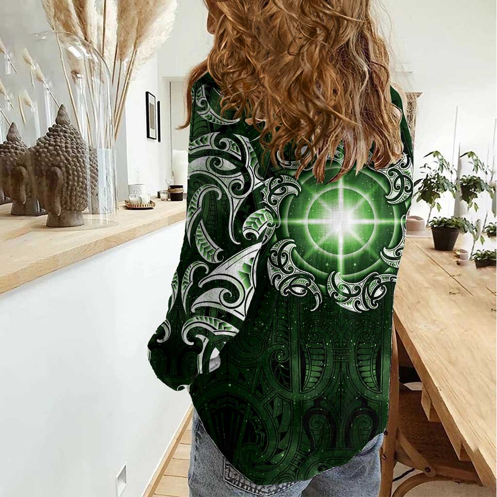 New Zealand Matariki Tupuarangi Women Casual Shirt Maori Moko Green Galaxy LT05 - Polynesian Pride