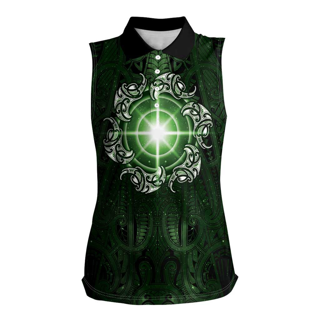 New Zealand Matariki Tupuarangi Women Sleeveless Polo Shirt Maori Moko Green Galaxy