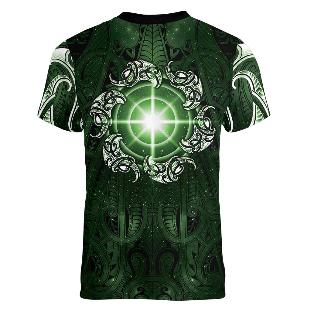 New Zealand Matariki Tupuarangi Women V-Neck T-Shirt Maori Moko Green Galaxy LT05 - Polynesian Pride