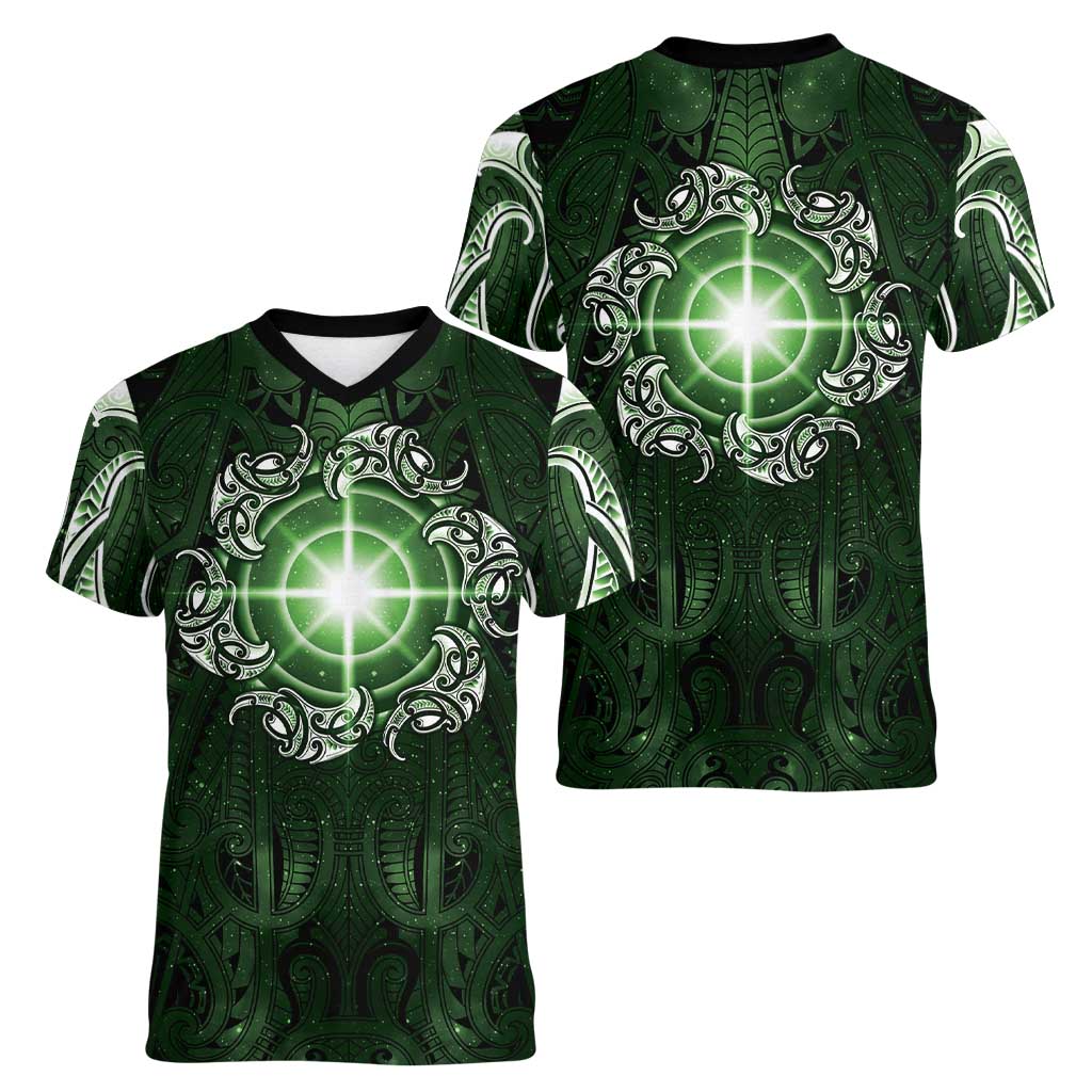 New Zealand Matariki Tupuarangi Women V-Neck T-Shirt Maori Moko Green Galaxy LT05 - Polynesian Pride