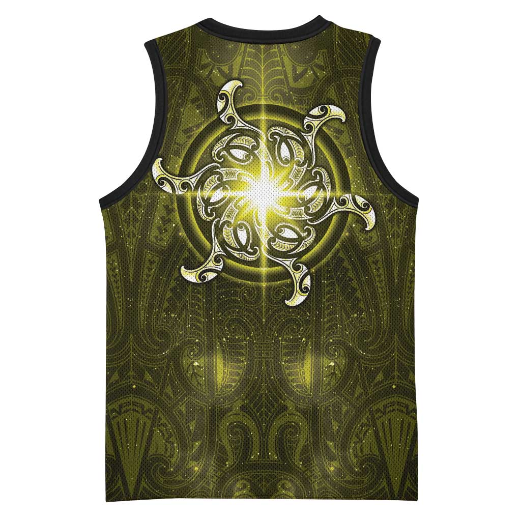 New Zealand Matariki Hiwaiterangi Basketball Jersey Maori Moko Yellow Galaxy LT05 - Polynesian Pride