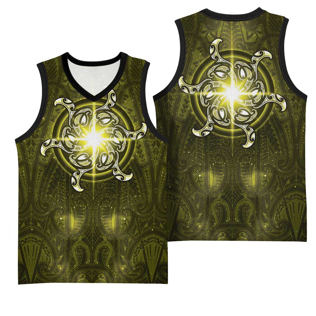 New Zealand Matariki Hiwaiterangi Basketball Jersey Maori Moko Yellow Galaxy LT05 - Polynesian Pride