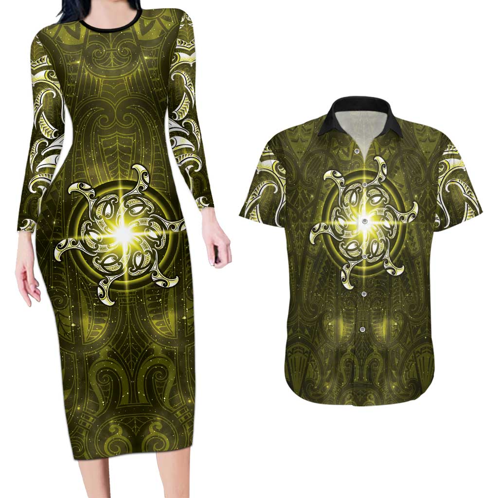 New Zealand Matariki Hiwaiterangi Couples Matching Long Sleeve Bodycon Dress and Hawaiian Shirt Maori Moko Yellow Galaxy LT05 Yellow - Polynesian Pride