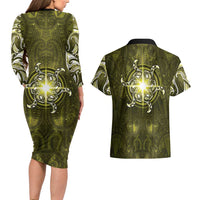 New Zealand Matariki Hiwaiterangi Couples Matching Long Sleeve Bodycon Dress and Hawaiian Shirt Maori Moko Yellow Galaxy LT05 - Polynesian Pride