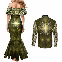 New Zealand Matariki Hiwaiterangi Couples Matching Mermaid Dress and Long Sleeve Button Shirt Maori Moko Yellow Galaxy LT05 - Polynesian Pride