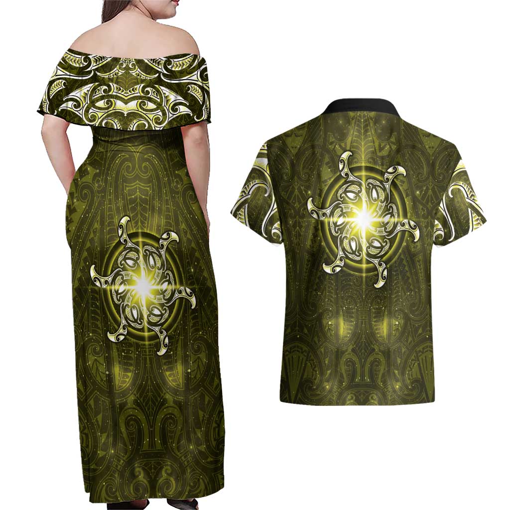 New Zealand Matariki Hiwaiterangi Couples Matching Off Shoulder Maxi Dress and Hawaiian Shirt Maori Moko Yellow Galaxy LT05 - Polynesian Pride