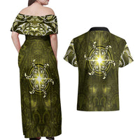 New Zealand Matariki Hiwaiterangi Couples Matching Off Shoulder Maxi Dress and Hawaiian Shirt Maori Moko Yellow Galaxy LT05 - Polynesian Pride
