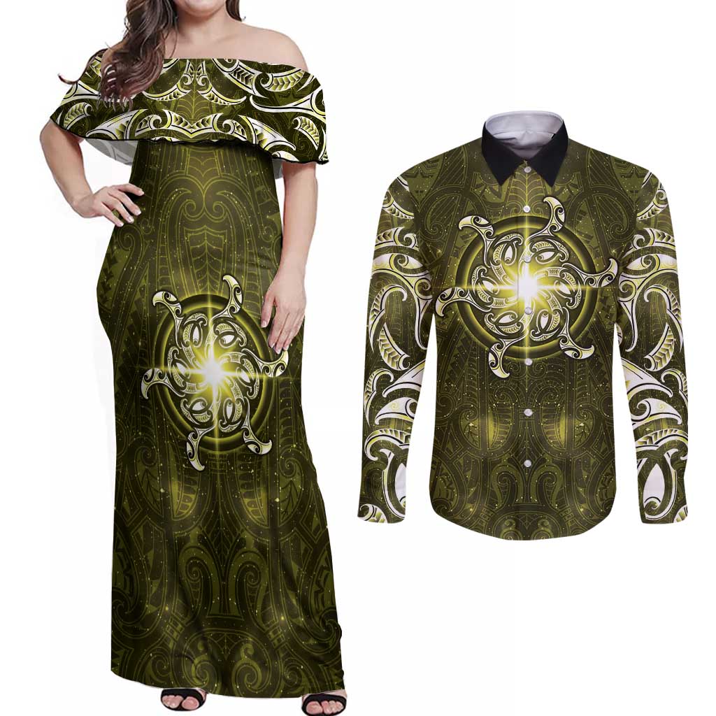 New Zealand Matariki Hiwaiterangi Couples Matching Off Shoulder Maxi Dress and Long Sleeve Button Shirt Maori Moko Yellow Galaxy LT05 Yellow - Polynesian Pride