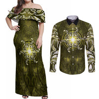 New Zealand Matariki Hiwaiterangi Couples Matching Off Shoulder Maxi Dress and Long Sleeve Button Shirt Maori Moko Yellow Galaxy LT05 Yellow - Polynesian Pride