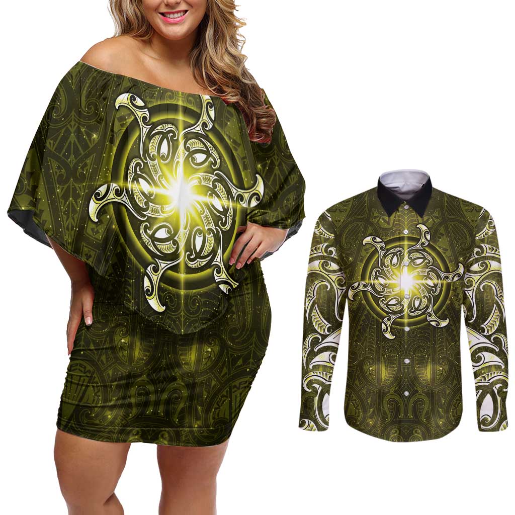 New Zealand Matariki Hiwaiterangi Couples Matching Off Shoulder Short Dress and Long Sleeve Button Shirt Maori Moko Yellow Galaxy LT05 Yellow - Polynesian Pride