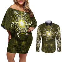 New Zealand Matariki Hiwaiterangi Couples Matching Off Shoulder Short Dress and Long Sleeve Button Shirt Maori Moko Yellow Galaxy LT05 Yellow - Polynesian Pride