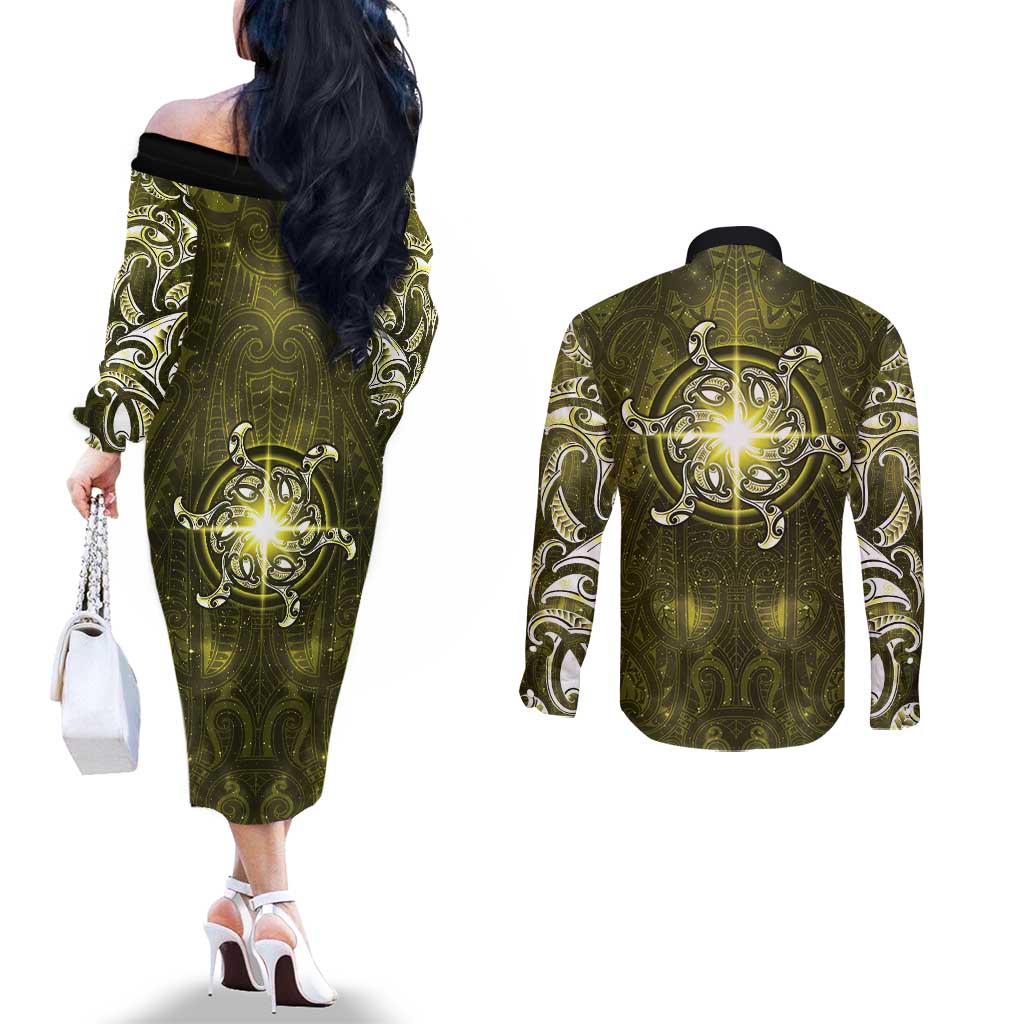 New Zealand Matariki Hiwaiterangi Couples Matching Off The Shoulder Long Sleeve Dress and Long Sleeve Button Shirt Maori Moko Yellow Galaxy LT05 - Polynesian Pride
