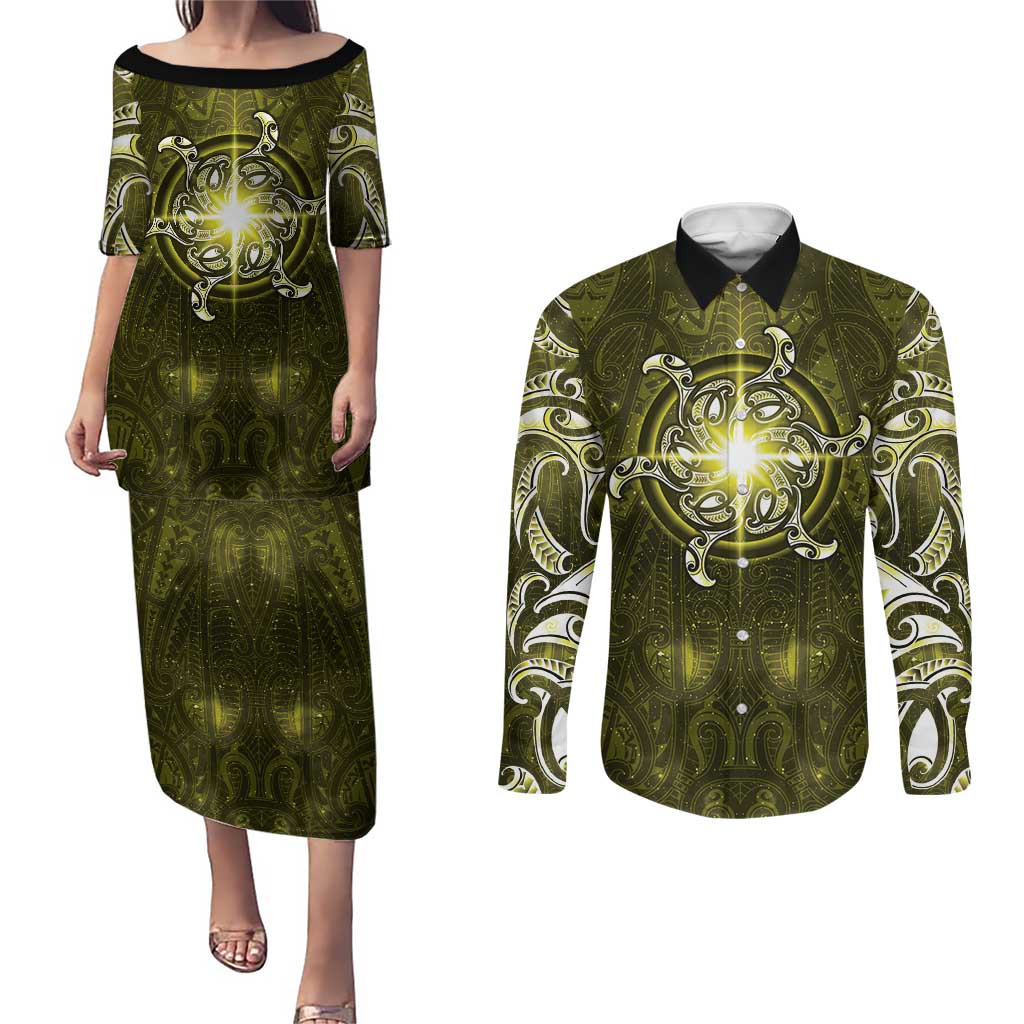New Zealand Matariki Hiwaiterangi Couples Matching Puletasi and Long Sleeve Button Shirt Maori Moko Yellow Galaxy LT05 Yellow - Polynesian Pride