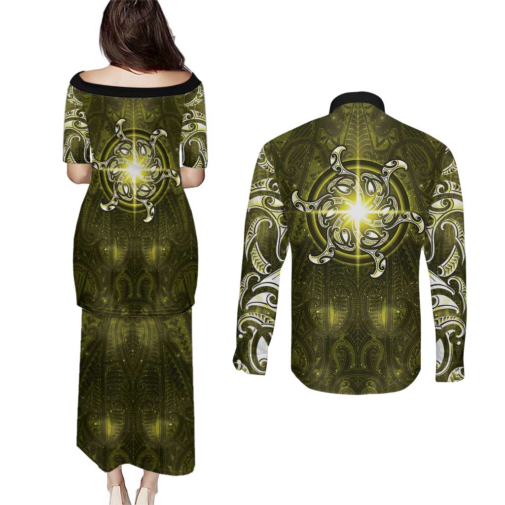 New Zealand Matariki Hiwaiterangi Couples Matching Puletasi and Long Sleeve Button Shirt Maori Moko Yellow Galaxy LT05 - Polynesian Pride