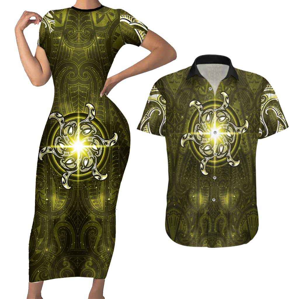 New Zealand Matariki Hiwaiterangi Couples Matching Short Sleeve Bodycon Dress and Hawaiian Shirt Maori Moko Yellow Galaxy