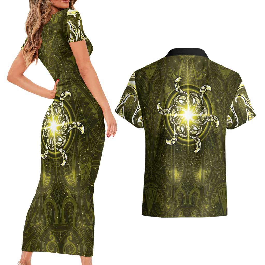 New Zealand Matariki Hiwaiterangi Couples Matching Short Sleeve Bodycon Dress and Hawaiian Shirt Maori Moko Yellow Galaxy LT05 - Polynesian Pride