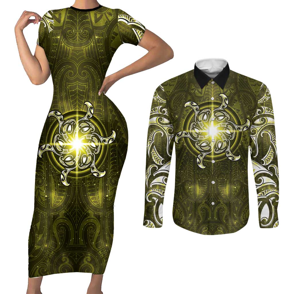 New Zealand Matariki Hiwaiterangi Couples Matching Short Sleeve Bodycon Dress and Long Sleeve Button Shirt Maori Moko Yellow Galaxy