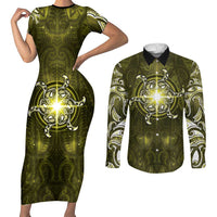 New Zealand Matariki Hiwaiterangi Couples Matching Short Sleeve Bodycon Dress and Long Sleeve Button Shirt Maori Moko Yellow Galaxy LT05 Yellow - Polynesian Pride