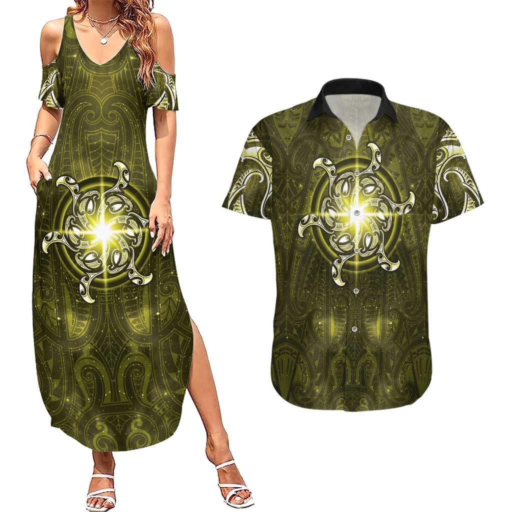 New Zealand Matariki Hiwaiterangi Couples Matching Summer Maxi Dress and Hawaiian Shirt Maori Moko Yellow Galaxy LT05 Yellow - Polynesian Pride