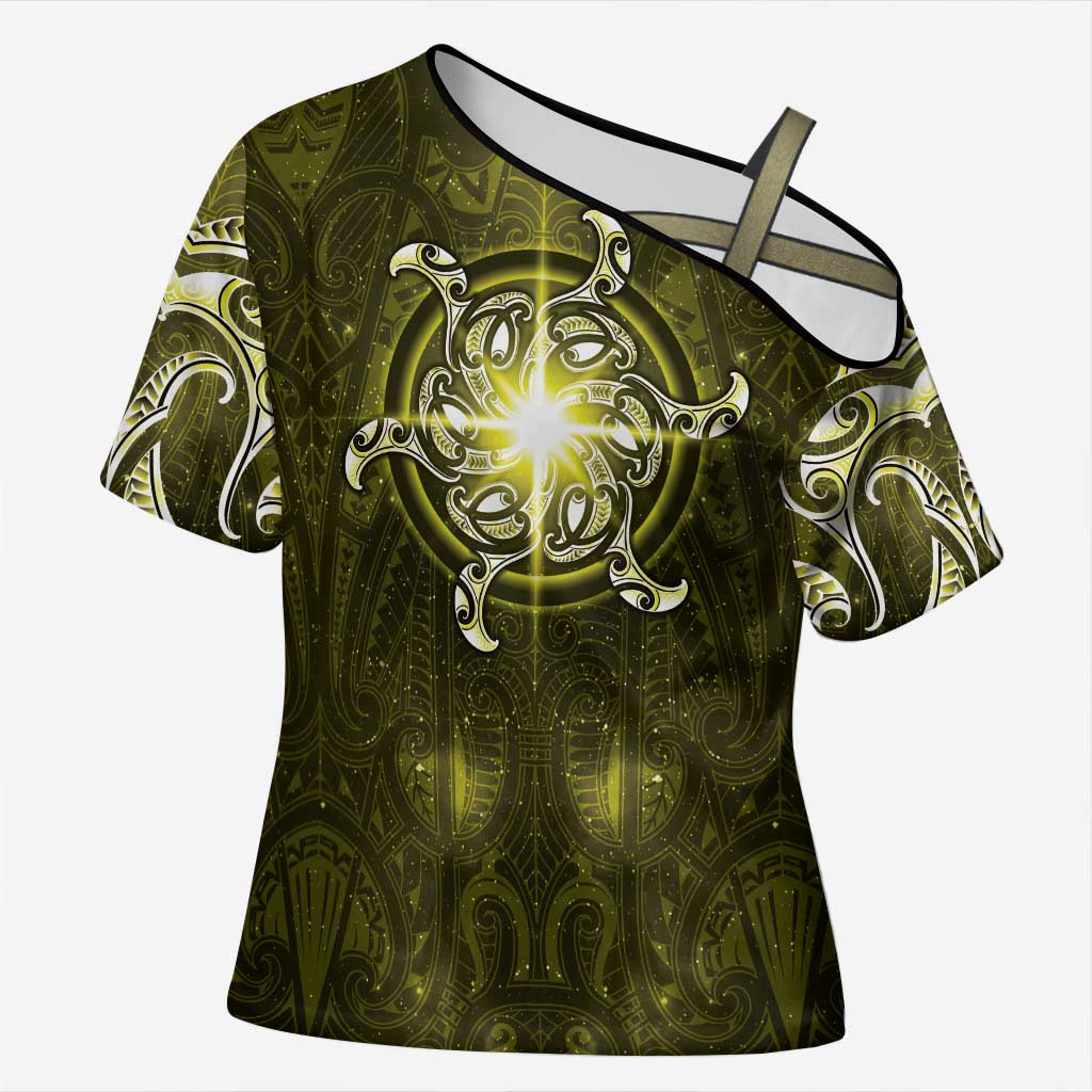 New Zealand Matariki Hiwaiterangi Cross Shoulder Shirt Maori Moko Yellow Galaxy