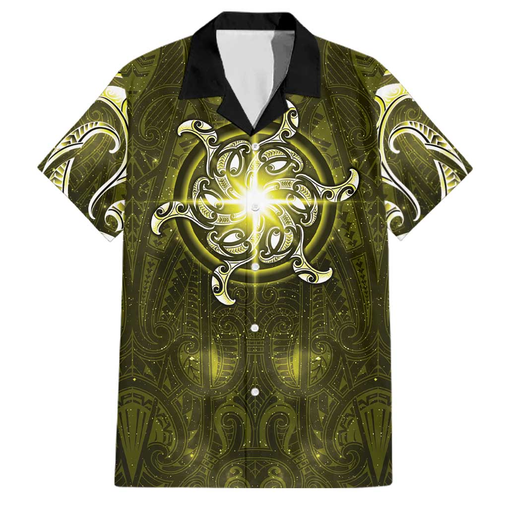 New Zealand Matariki Hiwaiterangi Family Matching Long Sleeve Bodycon Dress and Hawaiian Shirt Maori Moko Yellow Galaxy LT05 Dad's Shirt - Short Sleeve Yellow - Polynesian Pride
