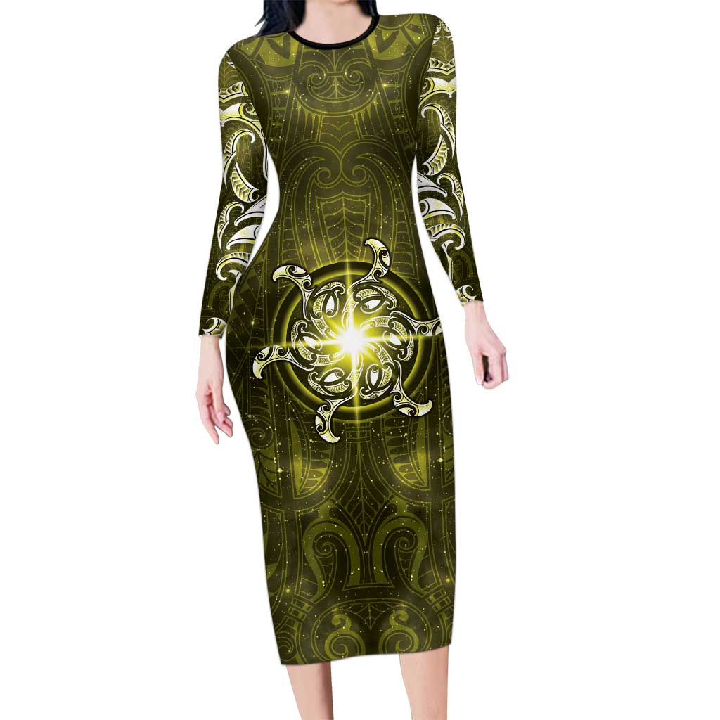 New Zealand Matariki Hiwaiterangi Family Matching Long Sleeve Bodycon Dress and Hawaiian Shirt Maori Moko Yellow Galaxy LT05 Mom's Dress Yellow - Polynesian Pride