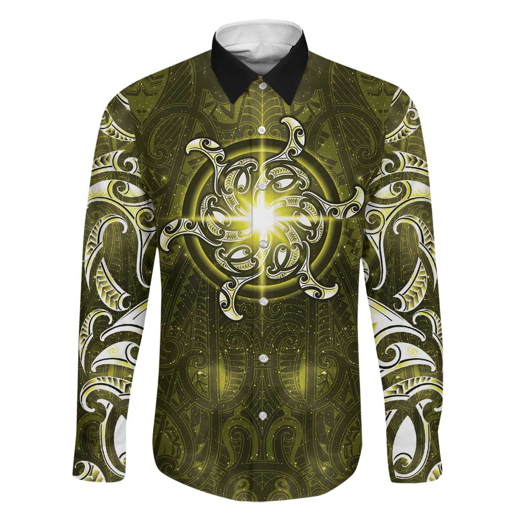 New Zealand Matariki Hiwaiterangi Family Matching Off Shoulder Maxi Dress and Hawaiian Shirt Maori Moko Yellow Galaxy LT05 Dad's Shirt - Long Sleeve Yellow - Polynesian Pride