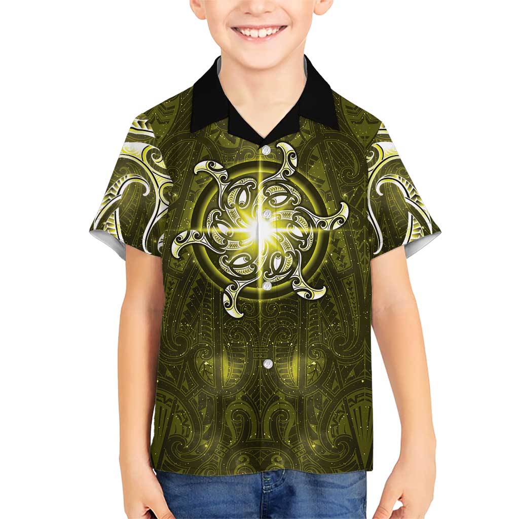 New Zealand Matariki Hiwaiterangi Family Matching Off Shoulder Short Dress and Hawaiian Shirt Maori Moko Yellow Galaxy LT05 Son's Shirt Yellow - Polynesian Pride