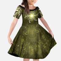New Zealand Matariki Hiwaiterangi Family Matching Short Sleeve Bodycon Dress and Hawaiian Shirt Maori Moko Yellow Galaxy LT05 Daughter's Dress Yellow - Polynesian Pride