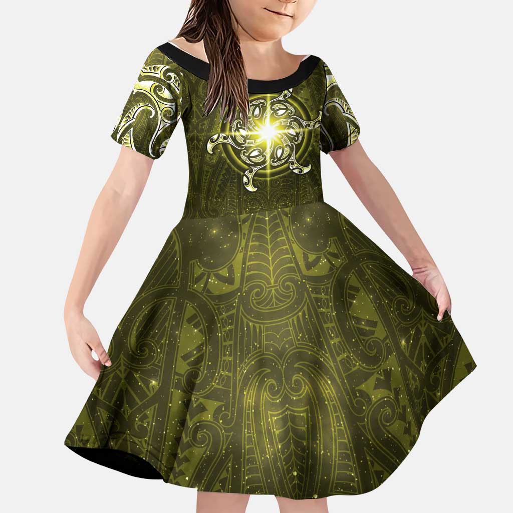 New Zealand Matariki Hiwaiterangi Family Matching Summer Maxi Dress and Hawaiian Shirt Maori Moko Yellow Galaxy LT05 Daughter's Dress Yellow - Polynesian Pride