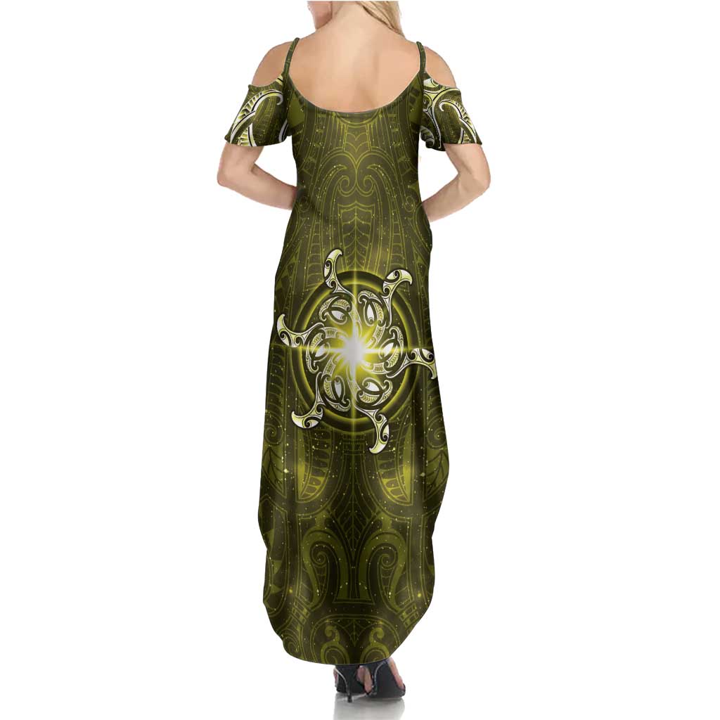 New Zealand Matariki Hiwaiterangi Family Matching Summer Maxi Dress and Hawaiian Shirt Maori Moko Yellow Galaxy LT05 - Polynesian Pride