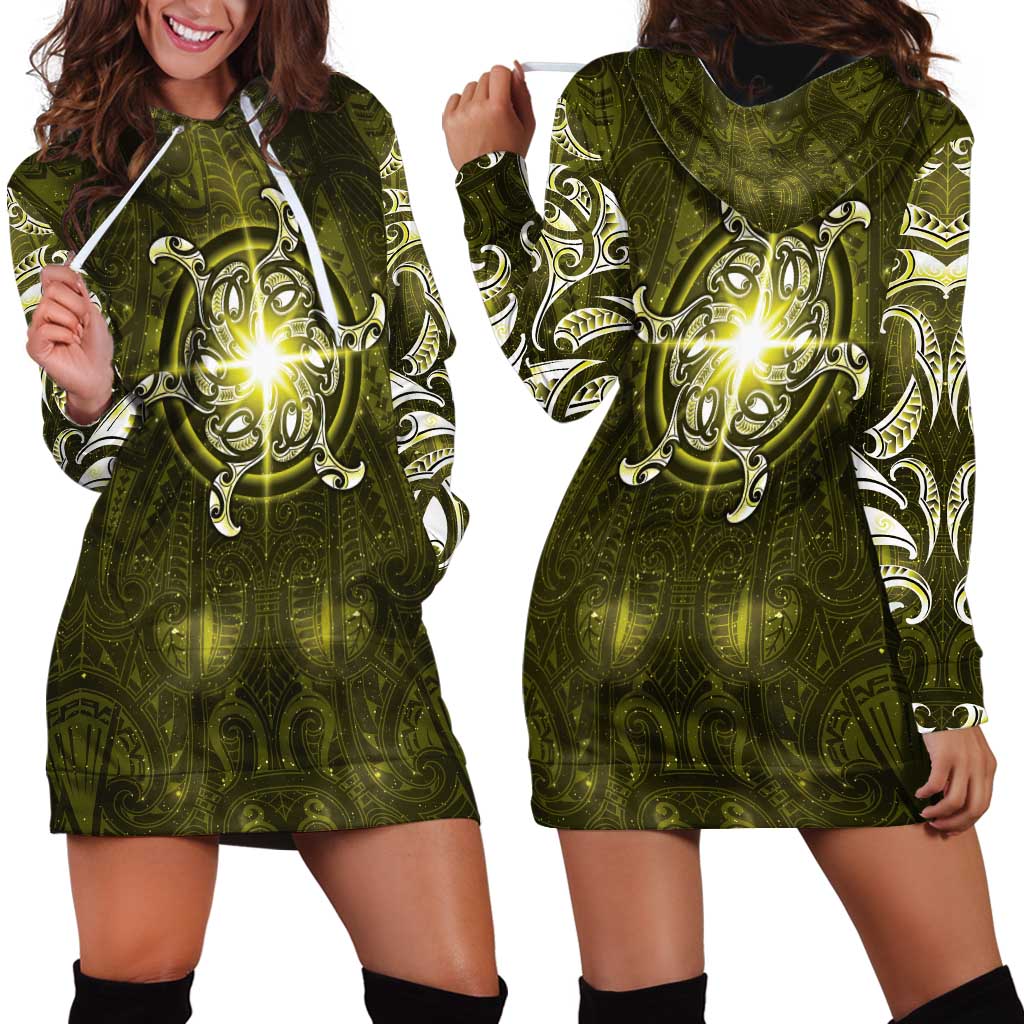 New Zealand Matariki Hiwaiterangi Hoodie Dress Maori Moko Yellow Galaxy LT05 - Polynesian Pride