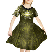 New Zealand Matariki Hiwaiterangi Kid Short Sleeve Dress Maori Moko Yellow Galaxy LT05 - Polynesian Pride