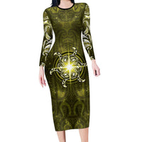New Zealand Matariki Hiwaiterangi Long Sleeve Bodycon Dress Maori Moko Yellow Galaxy LT05 Long Dress Yellow - Polynesian Pride