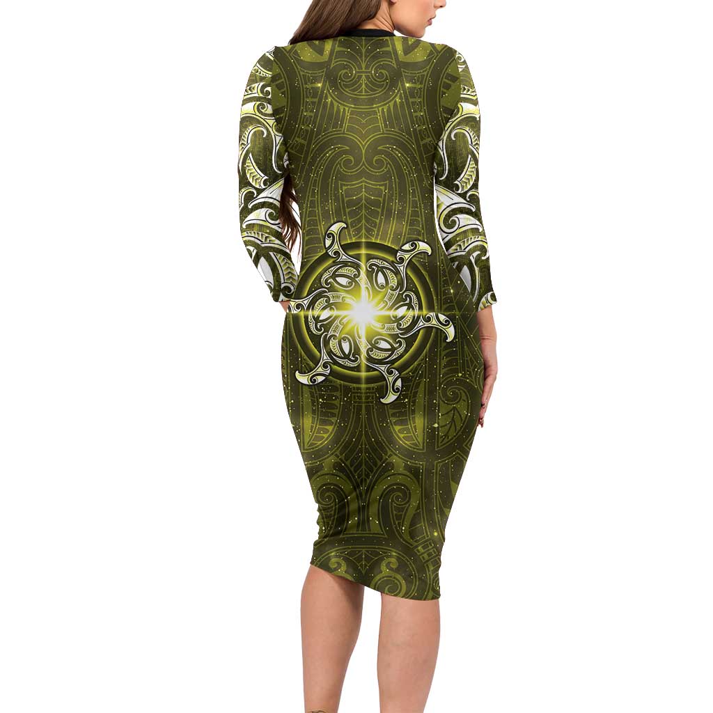 New Zealand Matariki Hiwaiterangi Long Sleeve Bodycon Dress Maori Moko Yellow Galaxy LT05 - Polynesian Pride